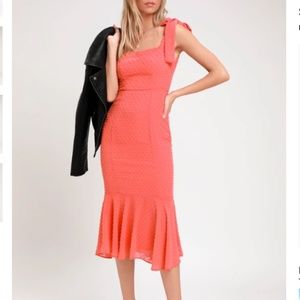 Bimini Coral Pink Swiss Dot Tie-Strap Midi Dress